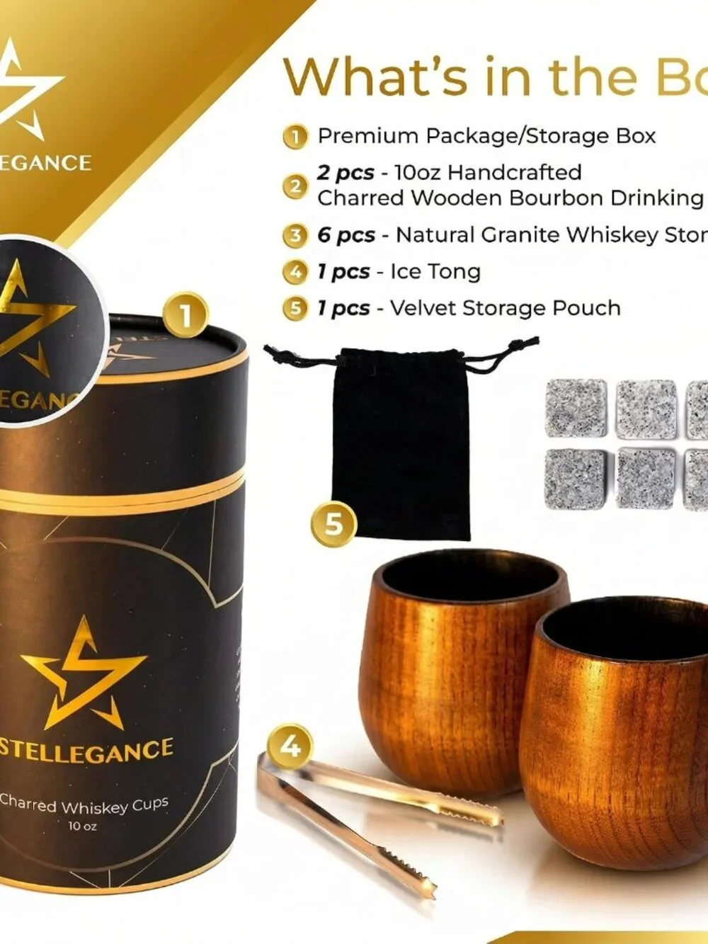 Charred Artisan Wooden Bourbon Drinking Tumbler Set 10 oz, Whiskey Stones, Tongs